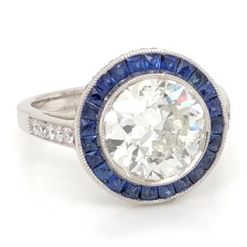 Diamond Ring 5 Carats Halo Ceylon Blue Sapphire Milgrain White Gold