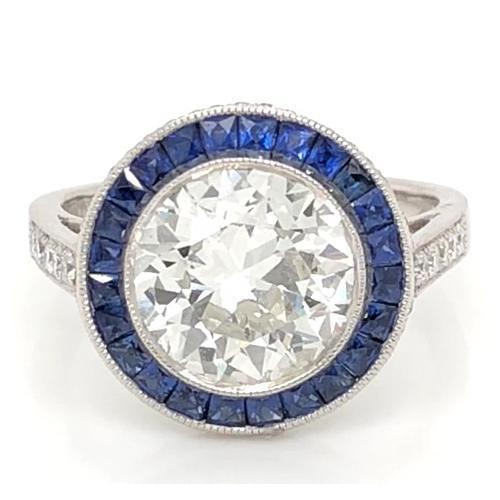 Real Natural Earth Mined Diamond Ring 5 Carats Halo Ceylon Blue Sapphire Milgrain White Gold