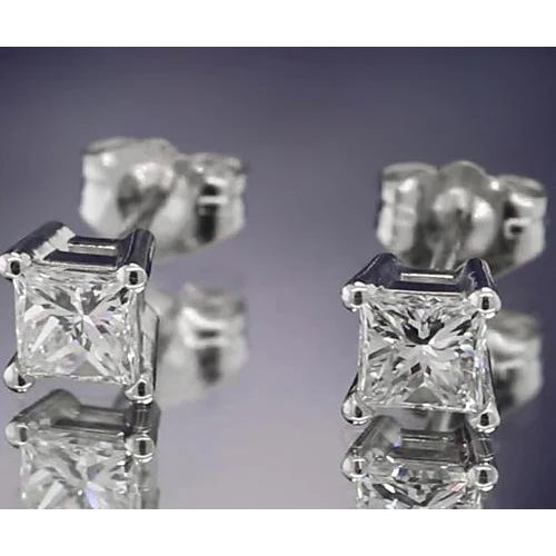 Real Diamond Studs Earring 1.50 Carats Princess Cut White Gold 14K F Vs1