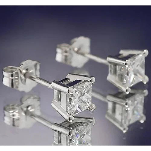 Real Diamond Studs Earring 1.50 Carats Princess Cut White Gold 14K F Vs1