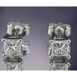 Real Diamond Studs Earring 1.50 Carats Princess Cut White Gold 14K F Vs1