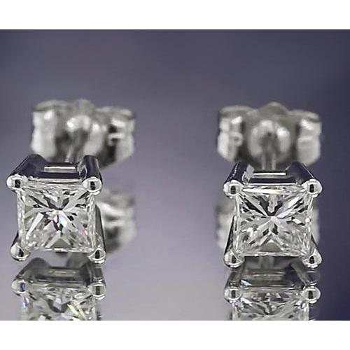 Real Diamond Studs Earring 1.50 Carats Princess Cut White Gold 14K F Vs1