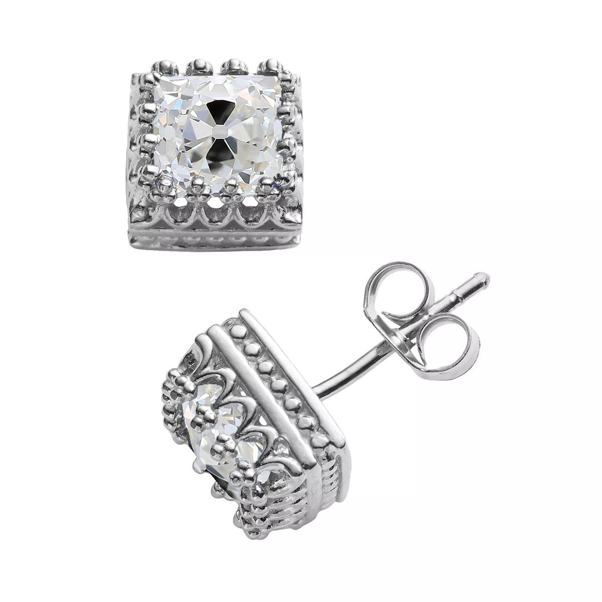 Natural Earth Mined Diamond Studs Vintage Style Cushion Old Cut Jewellery 6 Carat Push Backs
