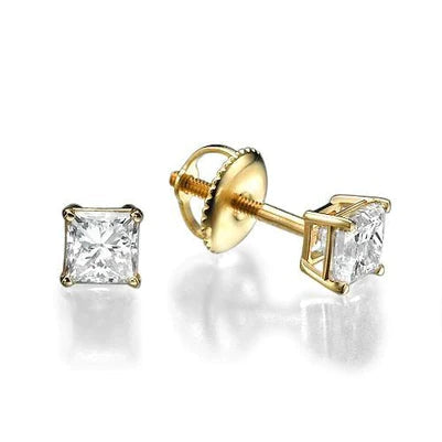 Real Diamonds Studs Earrings 3.50 Carats 14K Yellow Gold Princess Cut