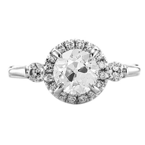 Real Halo Diamond Jewelry 2 Carats Old Cut Women's Ring White Gold 14K