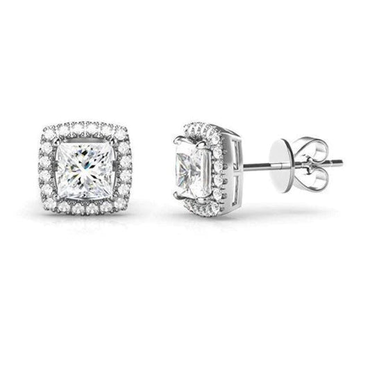 Real Halo Diamonds Studs Earrings 2.70 Ct. Sparkling Cushion And Round Cut
