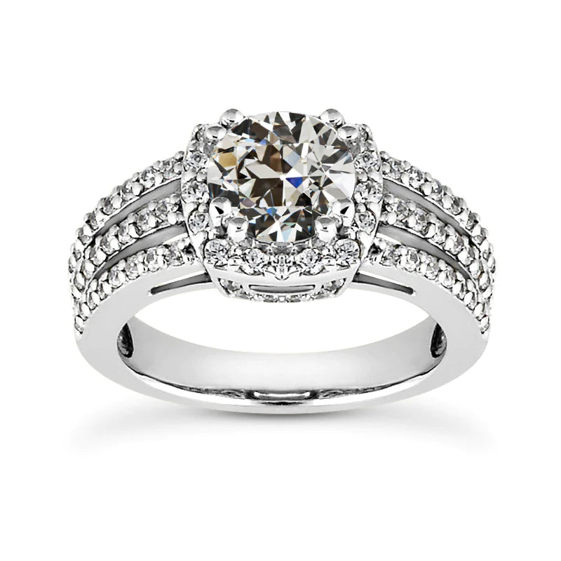 Halo Ring Round Old Miner Natural Earth Mined Diamond Double Prong Set 3.50 Carats