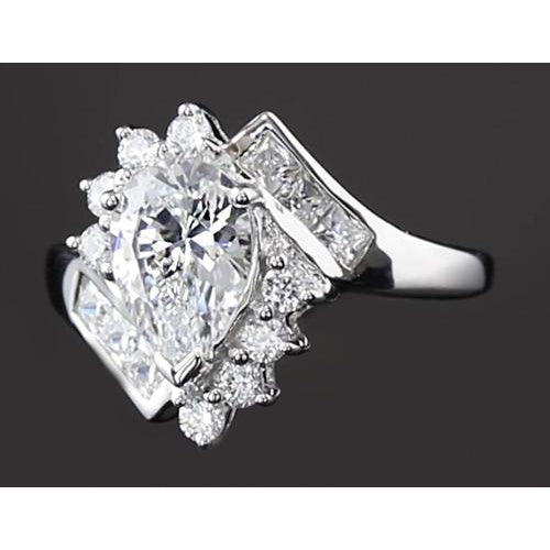 Real Interlocking Engagement Ring 2.50 Carats Pear Diamond White Gold 14K