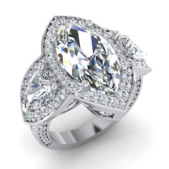 Real Pear and Marquise Diamond 3 Stone Halo Ring 7.45 Carats