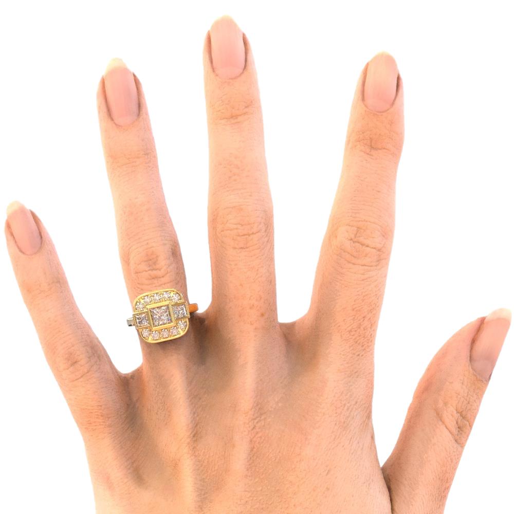 Real Princess And Round Diamond Wedding 2.15 Carats Ring Yellow Gold 18K8
