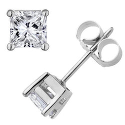 Real Princess Cut Diamond Stud Earring 4 Prong Set 3 Carat White Gold 14K