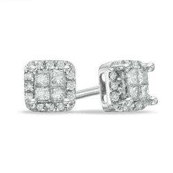 Real Princess & Round Diamond Halo Stud Earring 3.20 Carats White Gold 14K