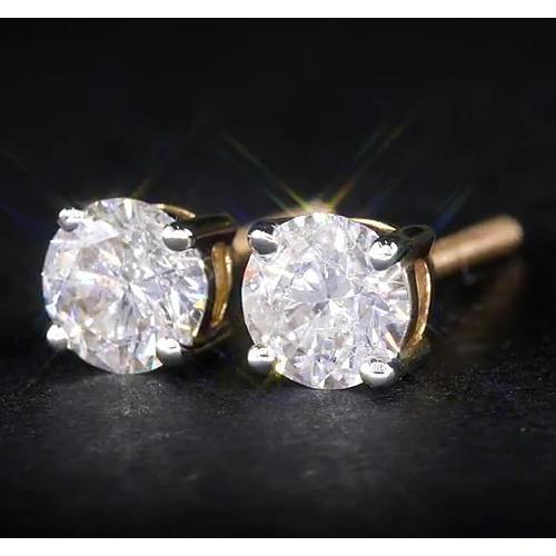 Round Diamond 1.80 Carats Stud Earrings Basket Setting Yellow Gold 14K