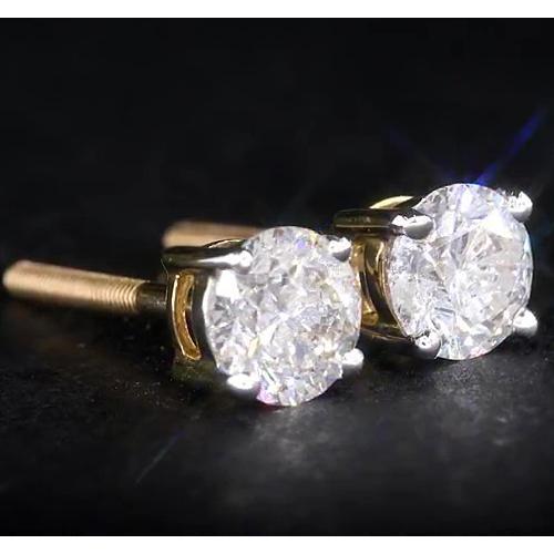 Round Diamond 1.80 Carats Stud Earrings Basket Setting Yellow Gold 14K
