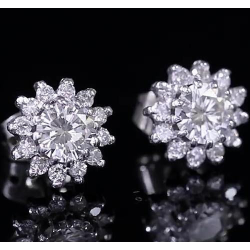 Real Round Diamond Halo Stud Earring White Gold 14K 1.74 Carats