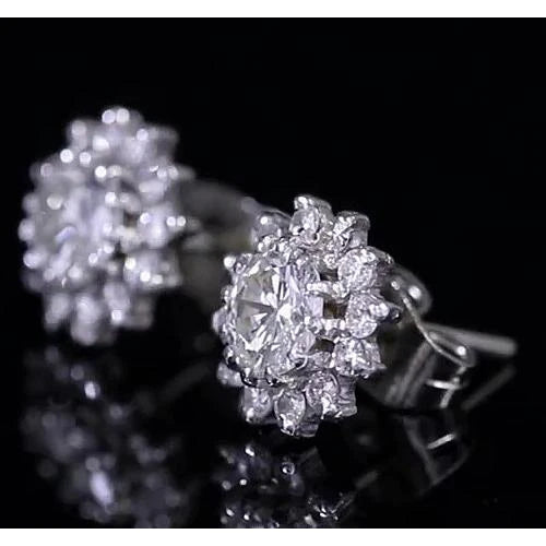 Real Round Diamond Halo Stud Earring White Gold 14K 1.74 Carats