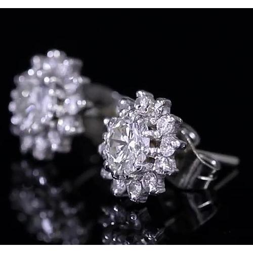 Real Round Diamond Halo Stud Earring White Gold 14K 1.75 Carats