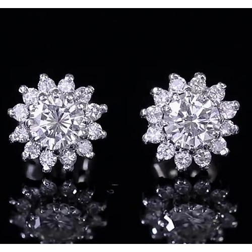 Real Round Diamond Halo Stud Earring White Gold 14K 1.75 Carats
