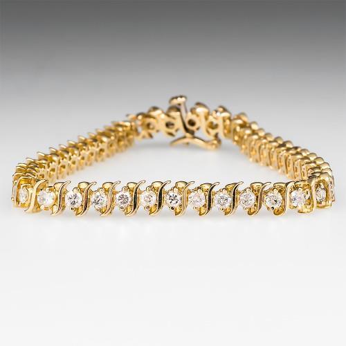 Real Round Diamond S Link 14K Yellow Gold Tennis Bracelet