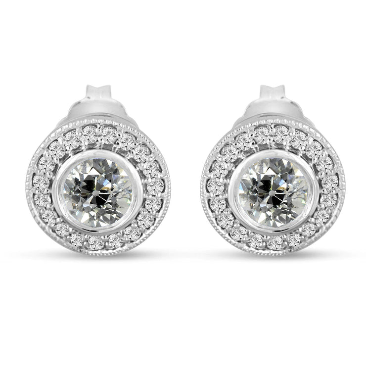 Real Women's Diamond Halo Stud Earrings Bezel Set Old Miner 6 Carats