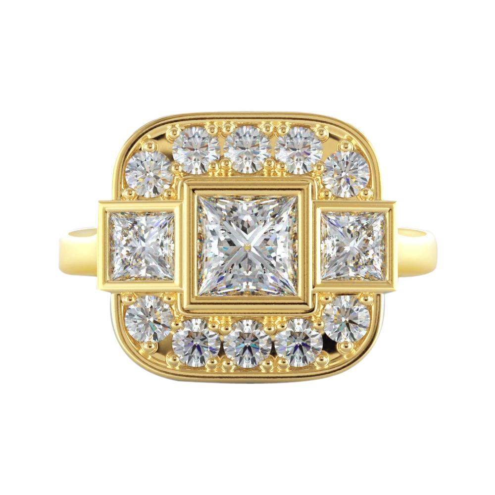 Real Princess And Round Natural Earth Mined Diamond Wedding 2.15 Carats Ring Yellow Gold 14K