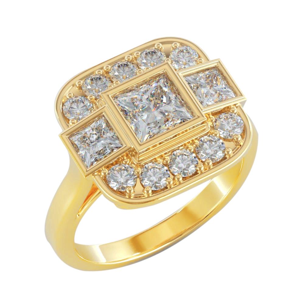 Real Princess And Round Natural Earth Mined Diamond Wedding 2.15 Carats Ring Yellow Gold 14K
