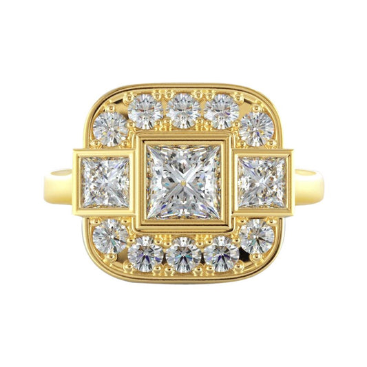 Real Princess And Round Natural Earth Mined Diamond Wedding 2.15 Carats Ring Yellow Gold 14K