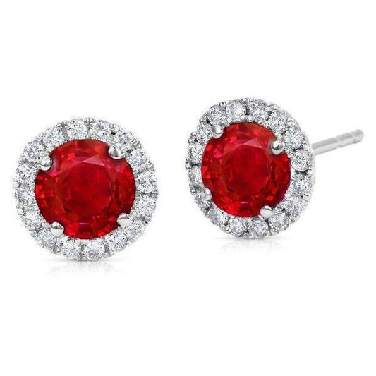 Red Round Ruby & Diamond Stud Halo Earring White Gold 14K 3.50 Ct.