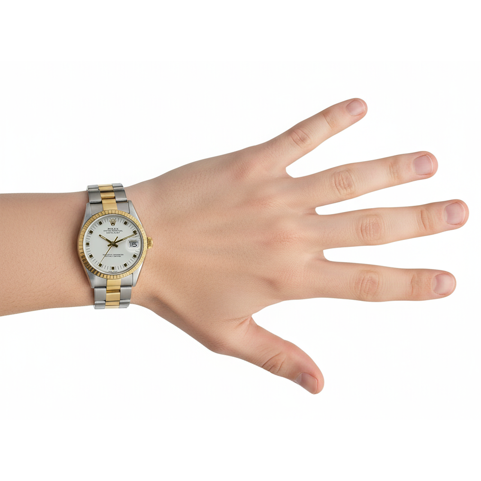 Rolex Date 34 Mm Watch White Dial Yellow Gold & Ss Oyster Bracelet