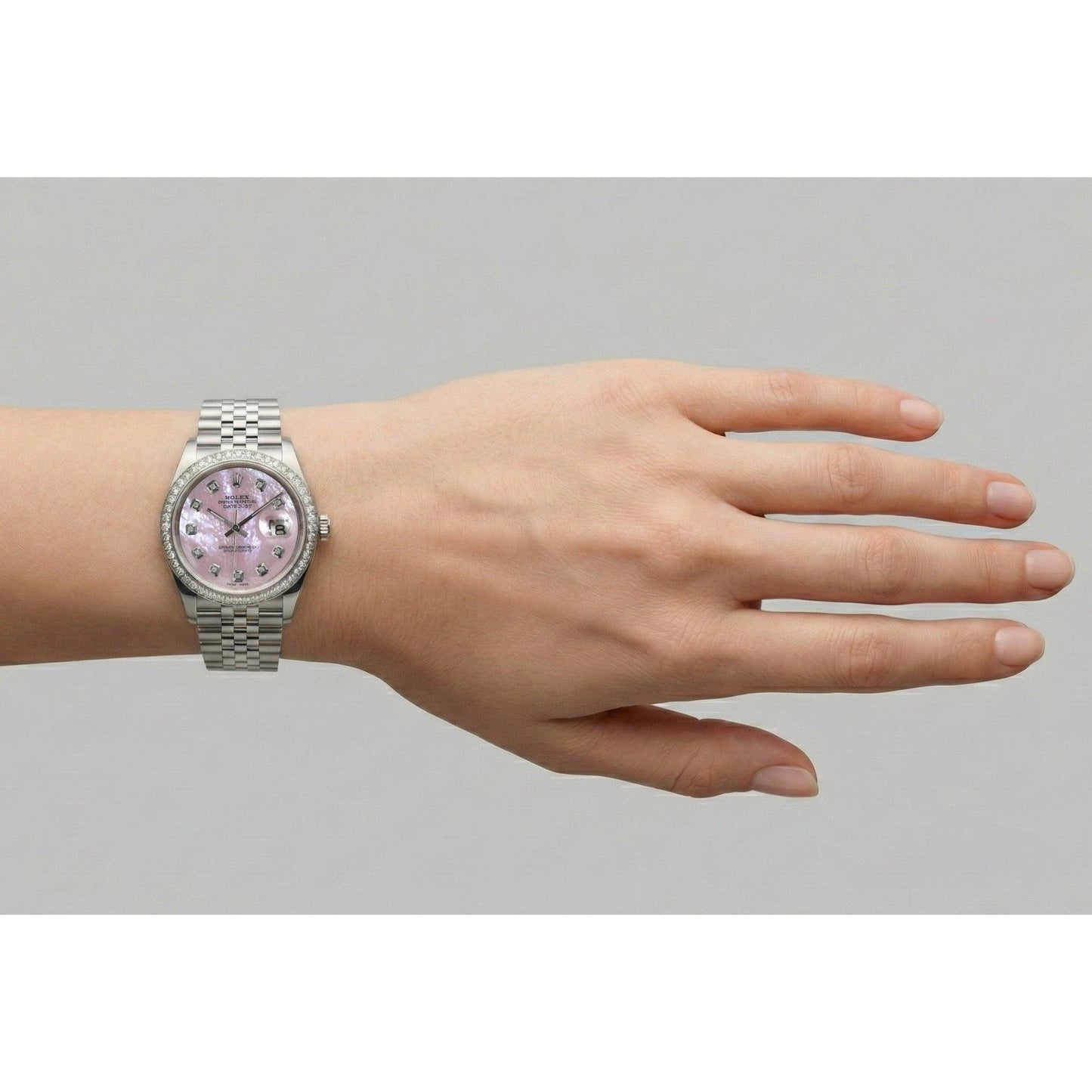 Rolex Datejust 36 mm Pink Mother of Pearl Natural Earth Mined Diamond Dial Stainless Steel Watch