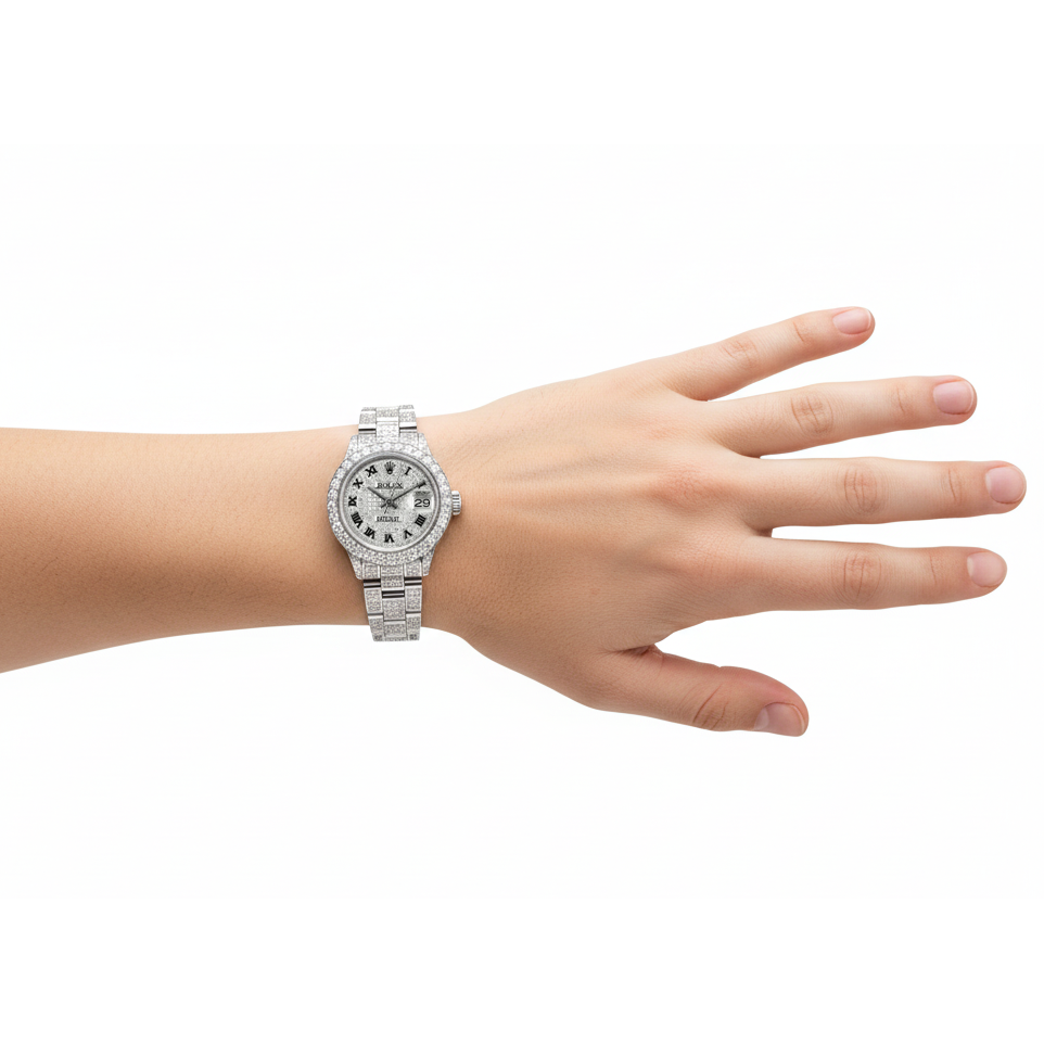 Fine Diamond Round Brilliant Rolex in Stainless Steel – back view