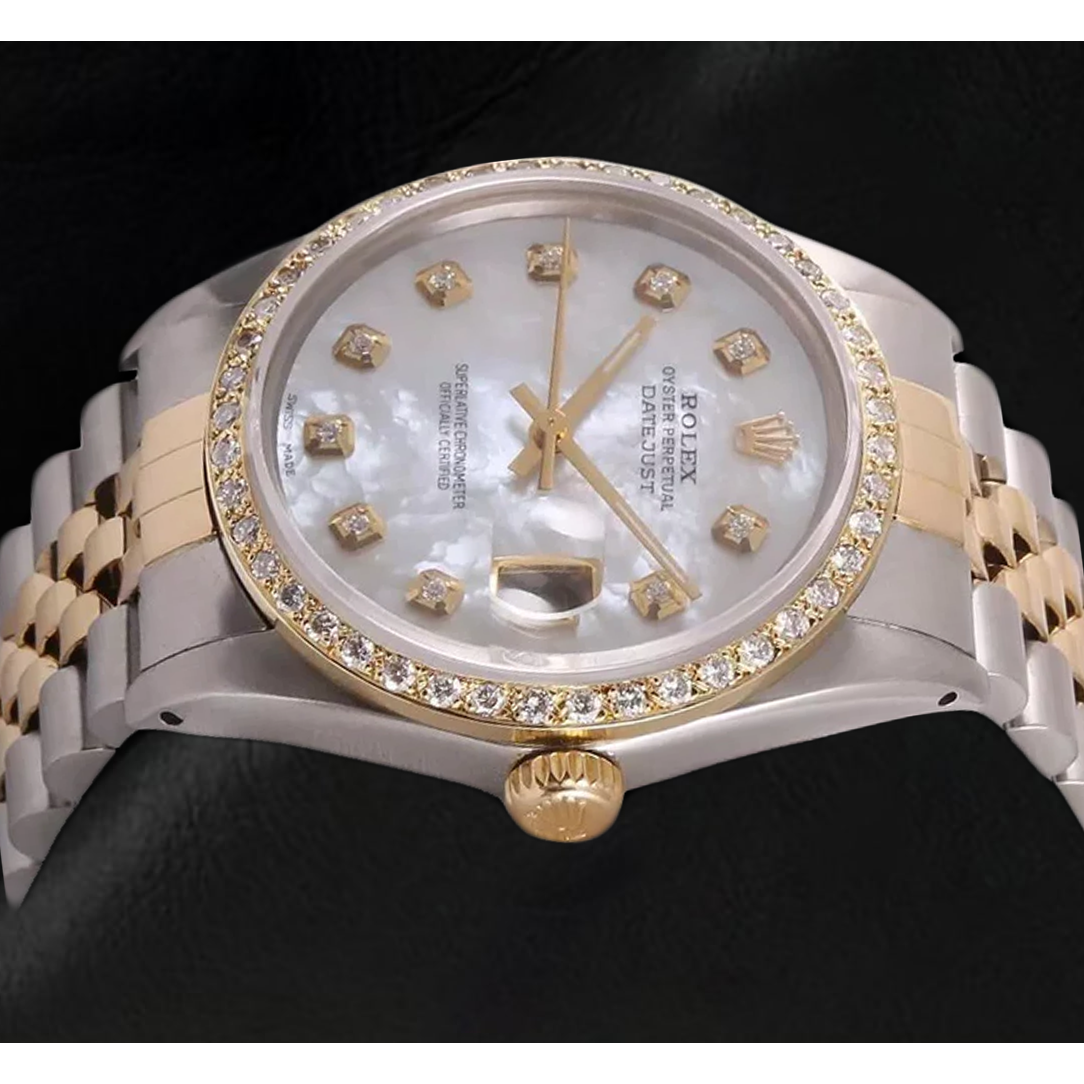 Rolex Datejust Men Watch Mother Of Pearl Natural Earth Mined Diamond Dial Two Tone QUICK SET