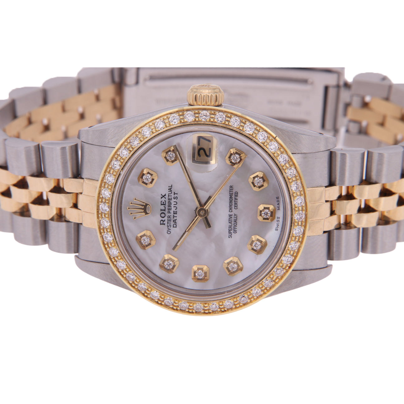Rolex Datejust Midsize 31 mm Grey Mother of Pearl Natural Earth Mined Diamond Dial Bezel Jubilee Bracelet Watch Ss & Gold