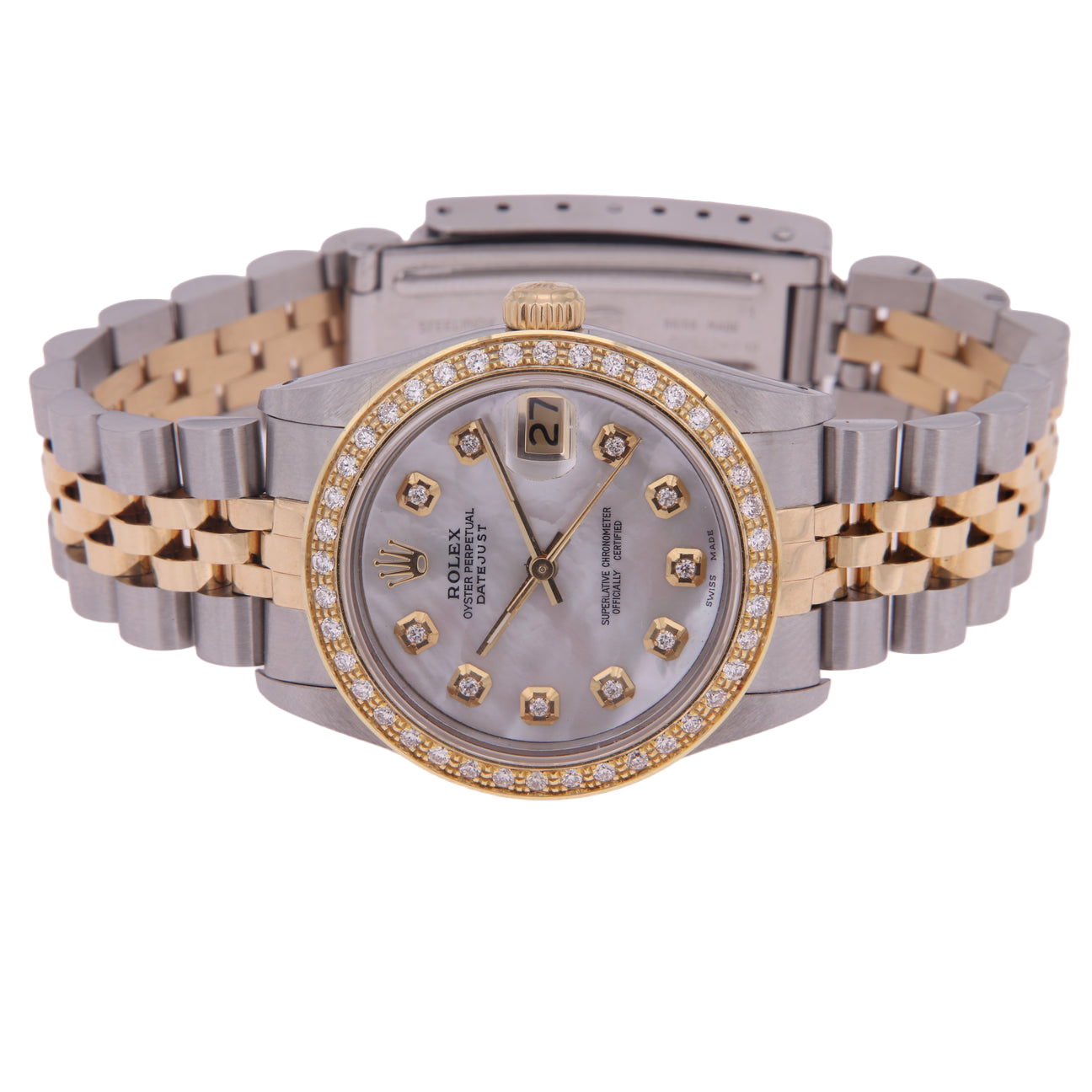 Rolex Datejust Midsize 31 mm Grey Mother of Pearl Natural Earth Mined Diamond Dial Bezel Jubilee Bracelet Watch Ss & Gold
