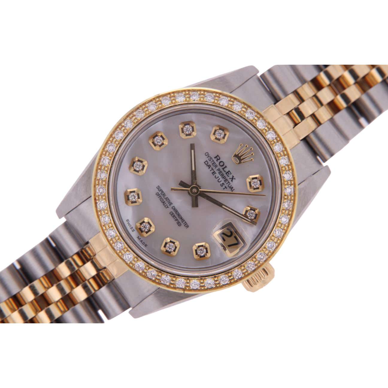 Rolex Datejust Midsize 31 mm Grey Mother of Pearl Natural Earth Mined Diamond Dial Bezel Jubilee Bracelet Watch Ss & Gold
