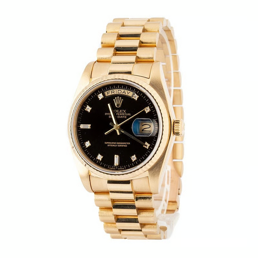 Rolex Day Date 36 Mm Men Watch Bark Finish Yellow Gold 18K Black
