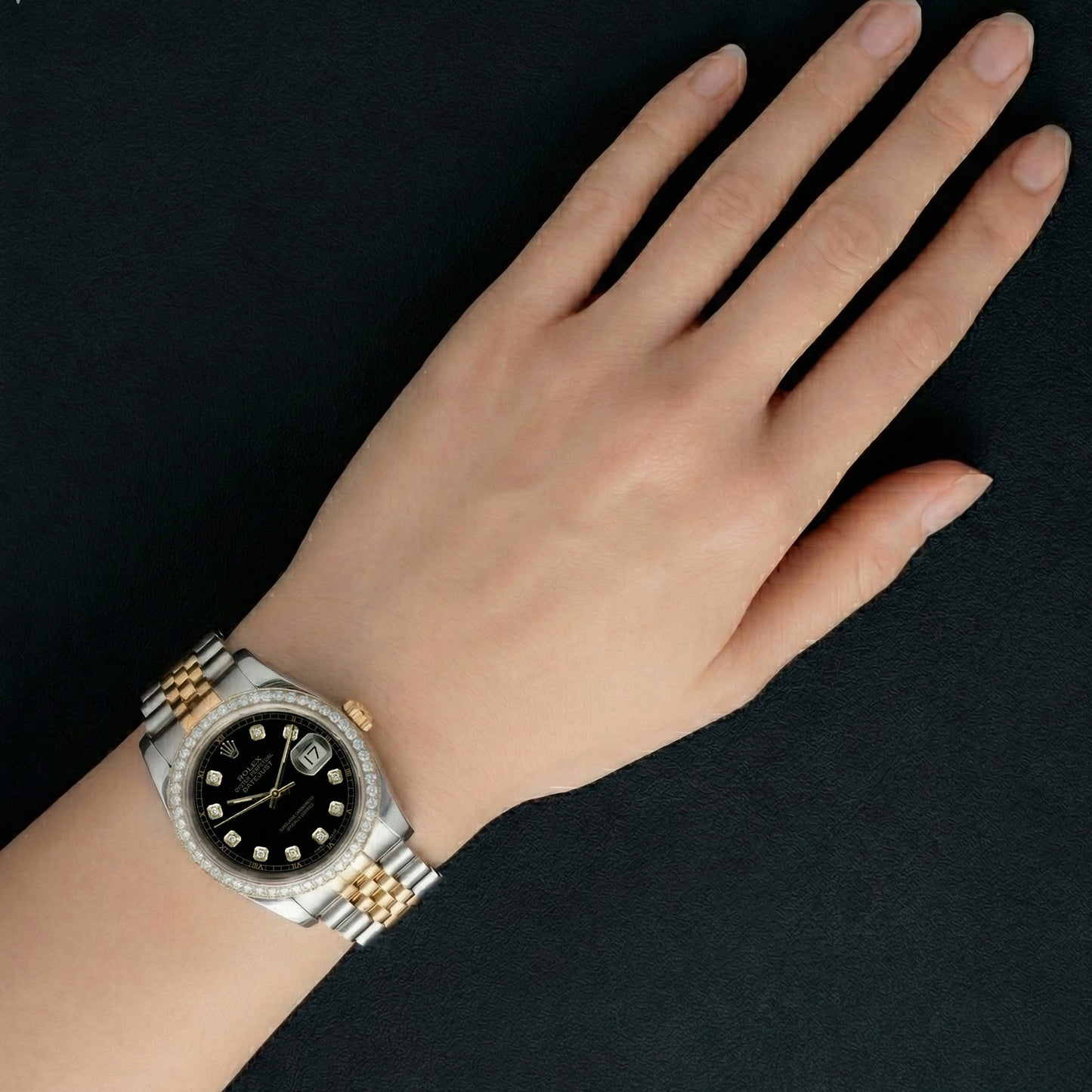 Rolex Dj Quick Set No Holes Natural Earth Mined Diamond Bezel Black Dial Ss Bracelet