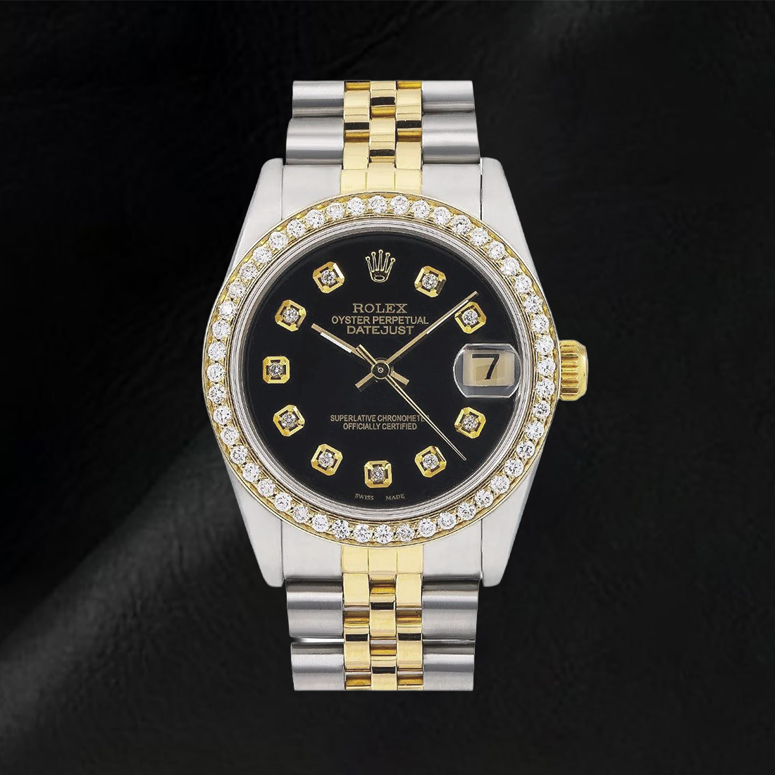 Rolex Mid Size Datejust Natural Earth Mined Diamond Watch Black Midsize Dial