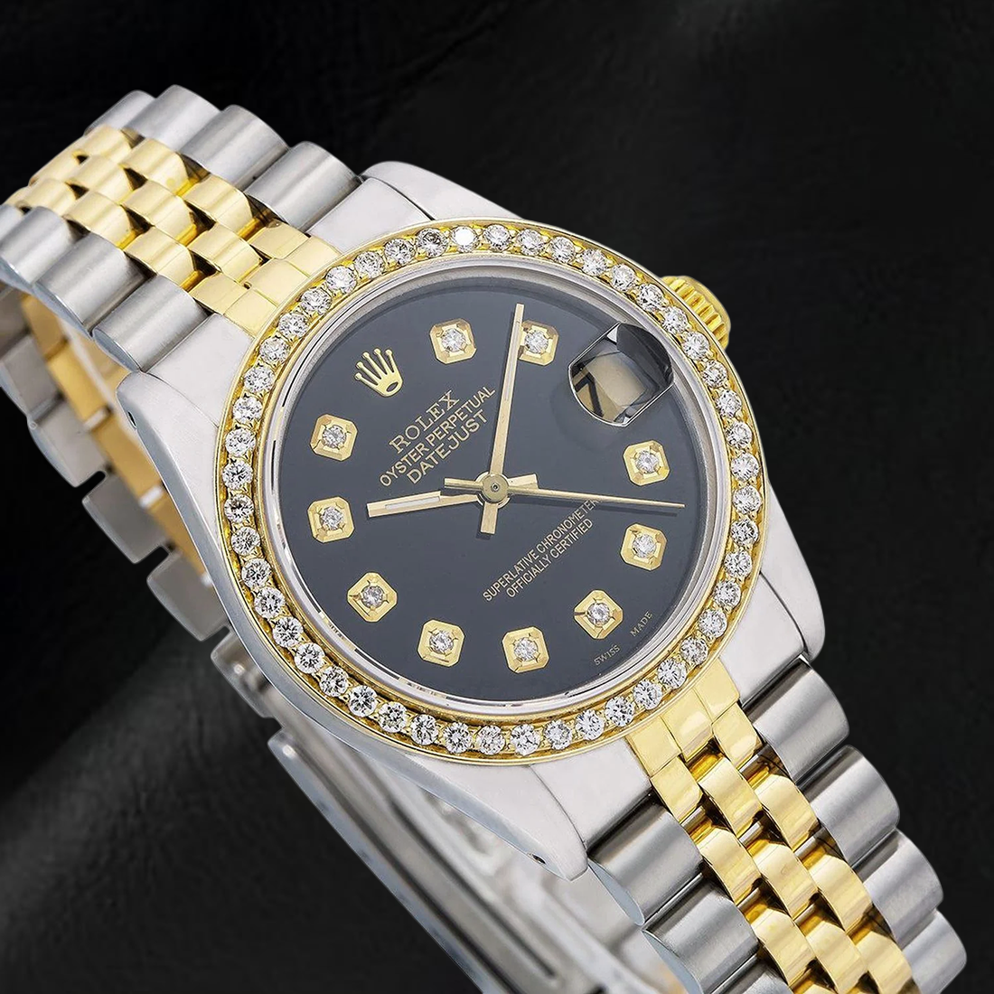 Rolex Mid Size Datejust Natural Earth Mined Diamond Watch Black Midsize Dial