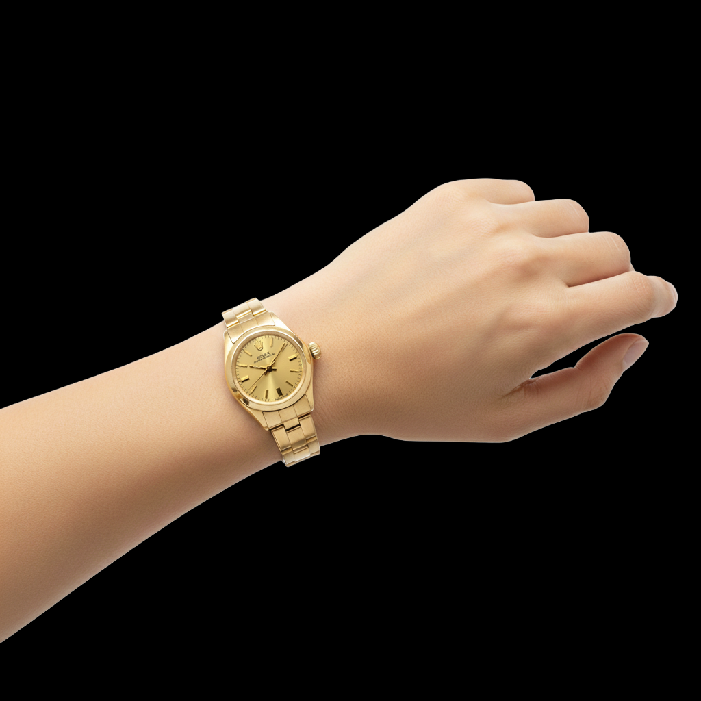 Rolex Oyster Perpetual 24 mm Champagne Stick Dial Watch Yellow Gold Oyster Bracelet