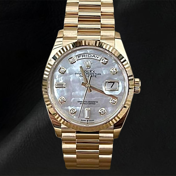 Rolex 128238 Day-Date 36 Mother of Pearl Diamond Dial Yellow Gold Watch