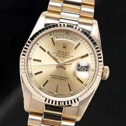 Natural Rolex Day-Date 36mm Champagne Stick Dial Yellow Gold Watch