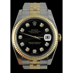 Rolex Black Diamond Dial Datejust Gents Watch Two Tone Jubilee