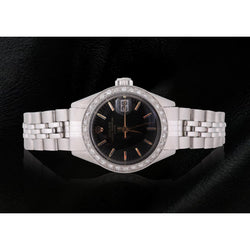 Rolex Date Black Stick Dial Diamond Bezel Women Watch Ss Jubilee