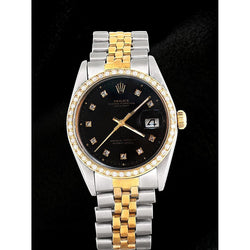 Rolex Date Just Mens Watch Black Diamond Dial Two Tone Bracelet