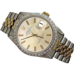 Rolex Date Watch Silver Stick Dial Diamond Bezel Ss & Gold Jubilee