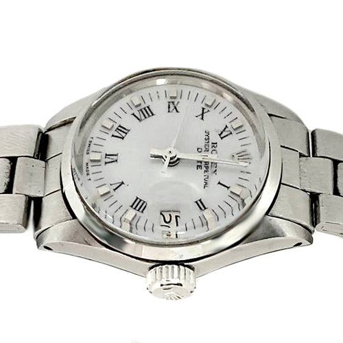 Rolex Date White Roman Stainless Steel 26 mm Ladies Watch