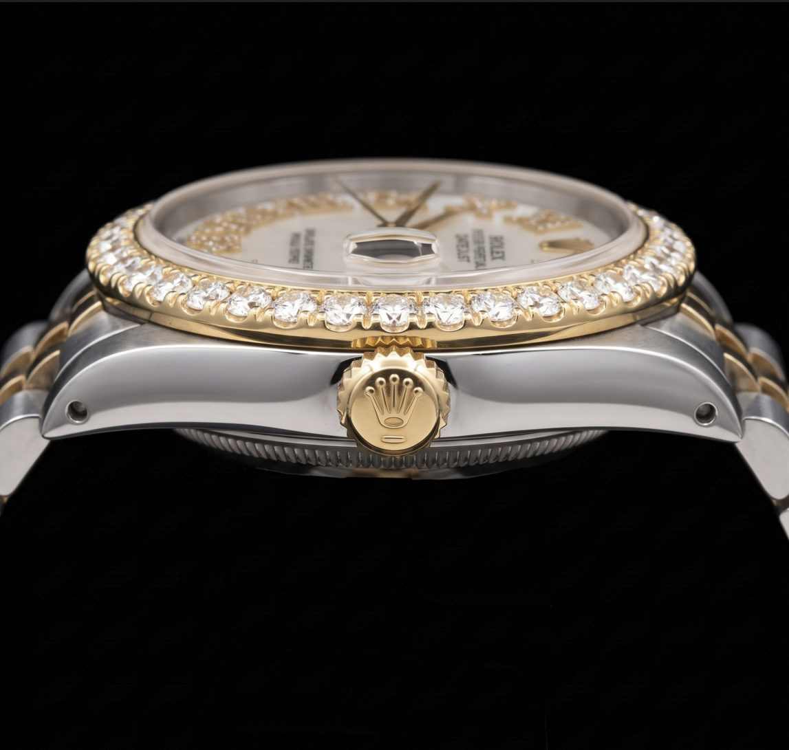 Rolex Datejust 16013 36mm White Mother of Pearl Roman Diamond Dial Two Tone Watch