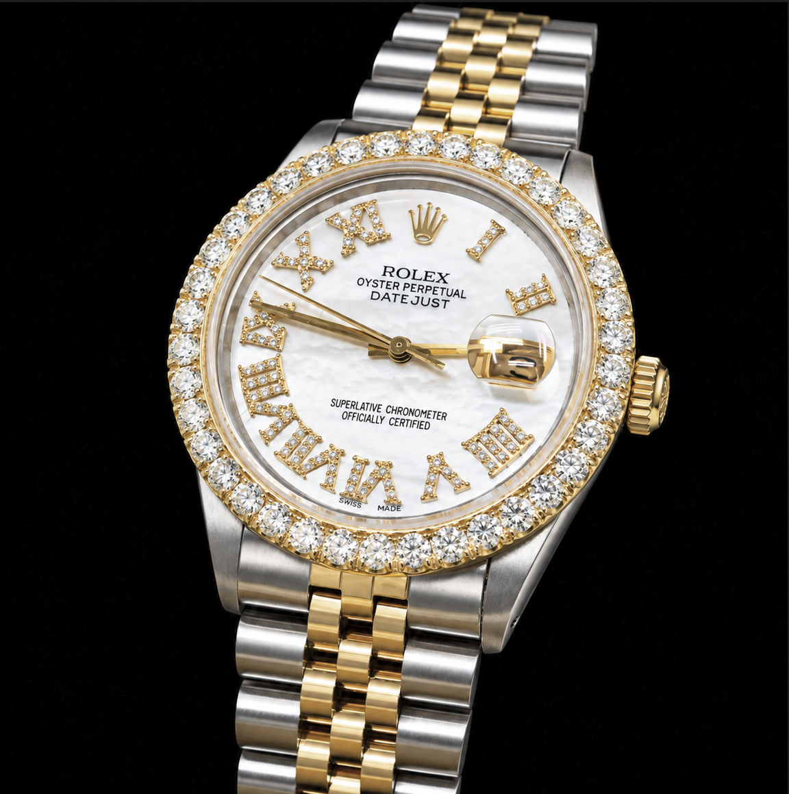 Rolex Datejust 16013 36mm White Mother of Pearl Roman Diamond Dial Two Tone Watch
