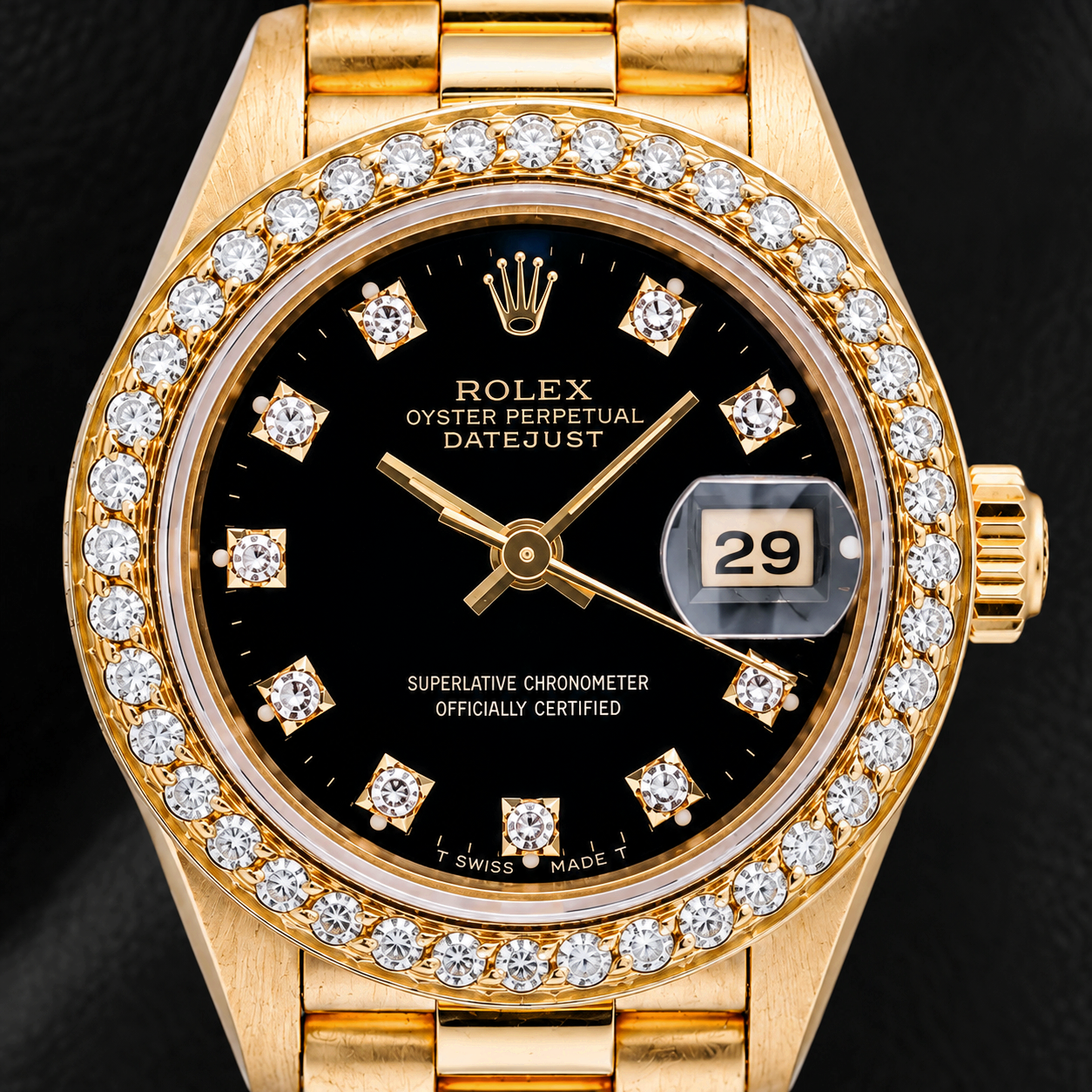 Rolex Datejust 26MM 69178 Black Factory Diamond Dial Diamond Bezel Yellow Gold
